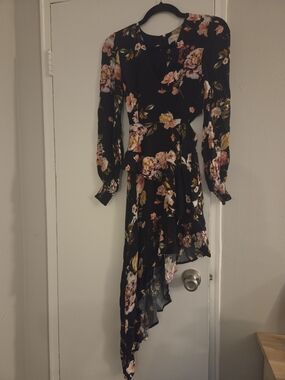 Rampage Black Floral Asymmetrical Ruffle Dress